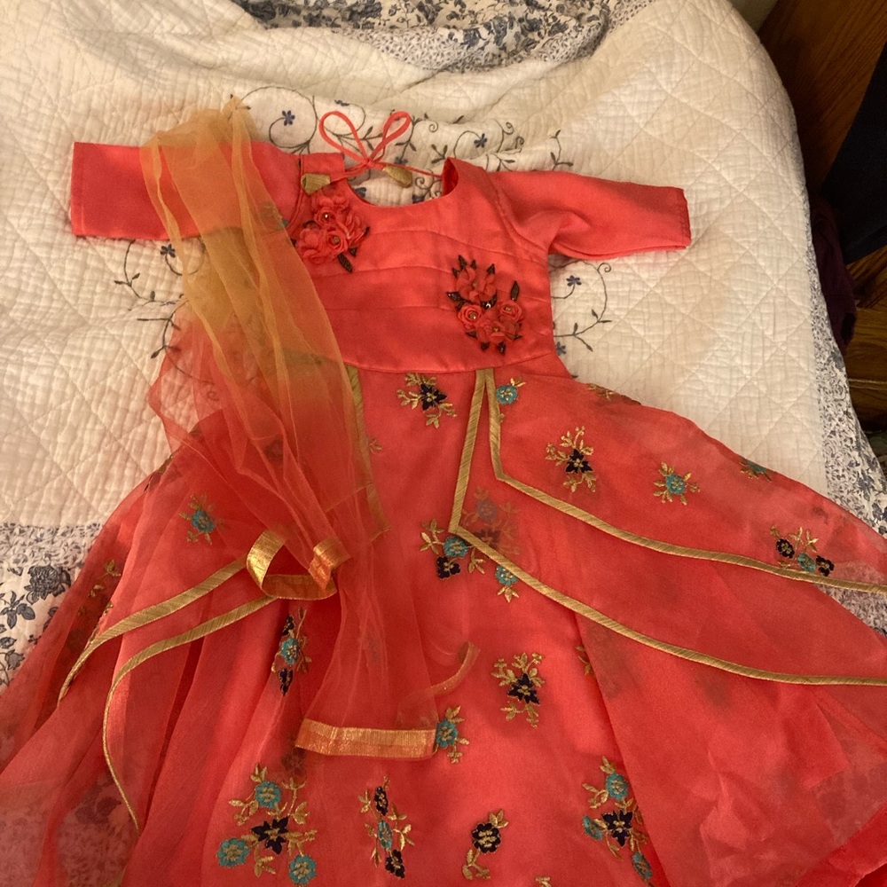 Floral Embroidere Lehenga-style Girls Dress - Coral and Gold